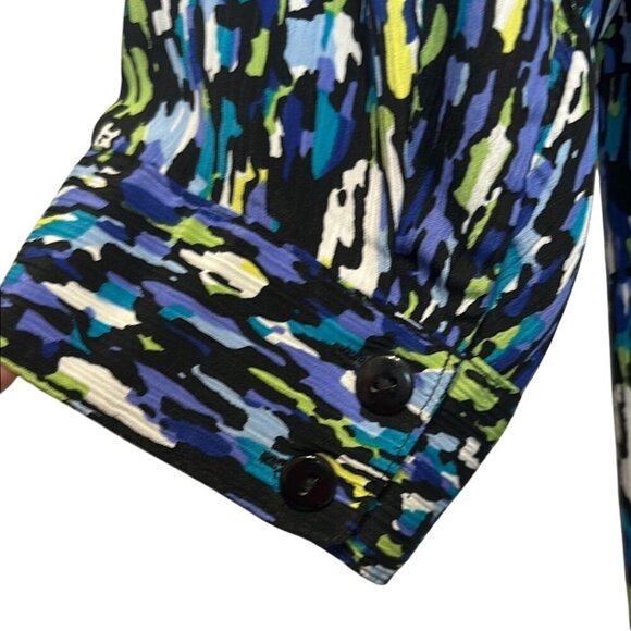 Blue, Lime Green & White 3/4 Sleeve Button Down Shirt, Women’s Plus Size 1X - Picture 5 of 6